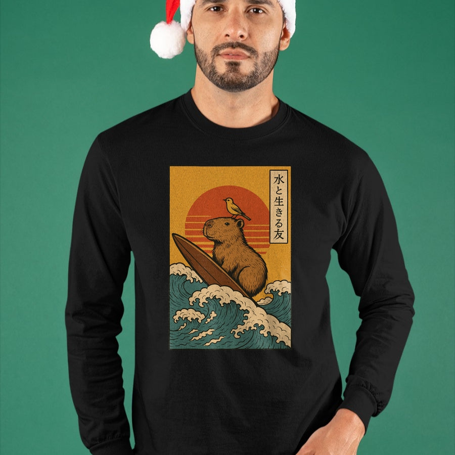 Cute Capybara Shirt, Funny Capybara Unisex T-Shirt/Hoodie/Sweatshirt HLT00 - Capybara Surfing Japanese T-Shirt
