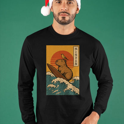 Cute Capybara Shirt, Funny Capybara Unisex T-Shirt/Hoodie/Sweatshirt HLT00 - Capybara Surfing Japanese T-Shirt