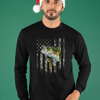 Funny Fishing Shirt, Gift For Fishing Lover Unisex T-Shirt/Hoodie/Sweatshirt HLT00 - (Art on Back) American Flag Camo Bass Fish Fishing T-Shirt