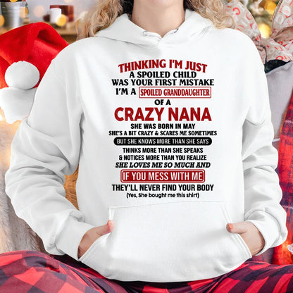 SPOILED GRANDDAUGHTER OF A CRAZY NANA T-SHIRT May Edition – From grandma to granddaughter - NTT05 (SKU07-129-05)