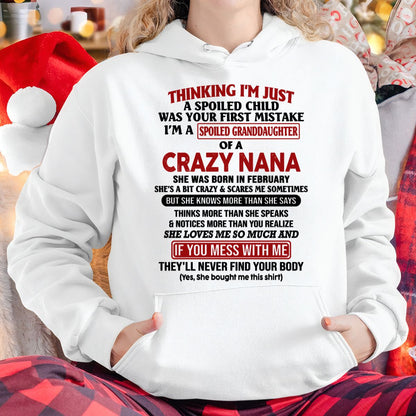 SPOILED GRANDDAUGHTER OF A CRAZY NANA T-SHIRT February Edition - From grandma to granddaughter - NTTD02 (SKU07-129-02)