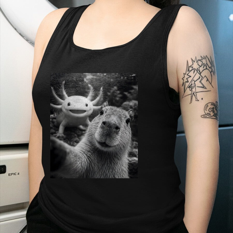 Cute Capybara Shirt, Funny Capybara Unisex T-Shirt/Hoodie/Sweatshirt HLT00 - Capybara Axolotl Selfie T-Shirt
