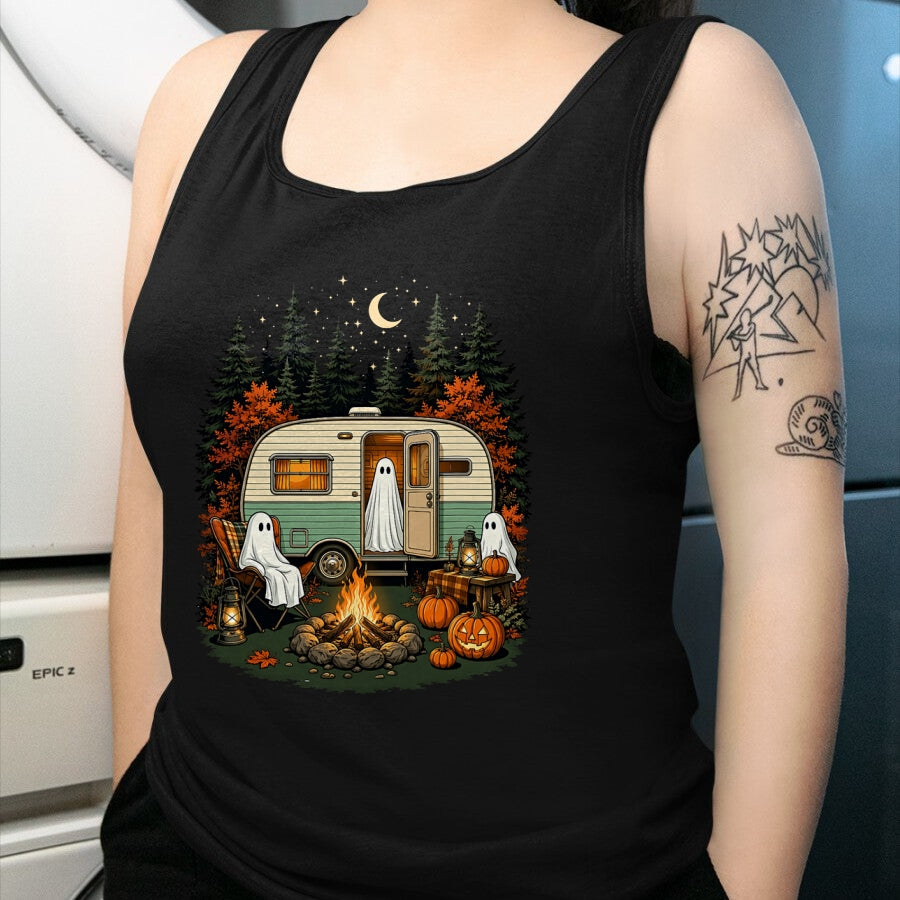 Funny Camping Shirt, Gift For Camping Lover Unisex T-Shirt/Hoodie/Sweatshirt HLT00 - Halloween Ghost Rv Camping Fall Camper Pumpkin Camper Autumn T-Shirt