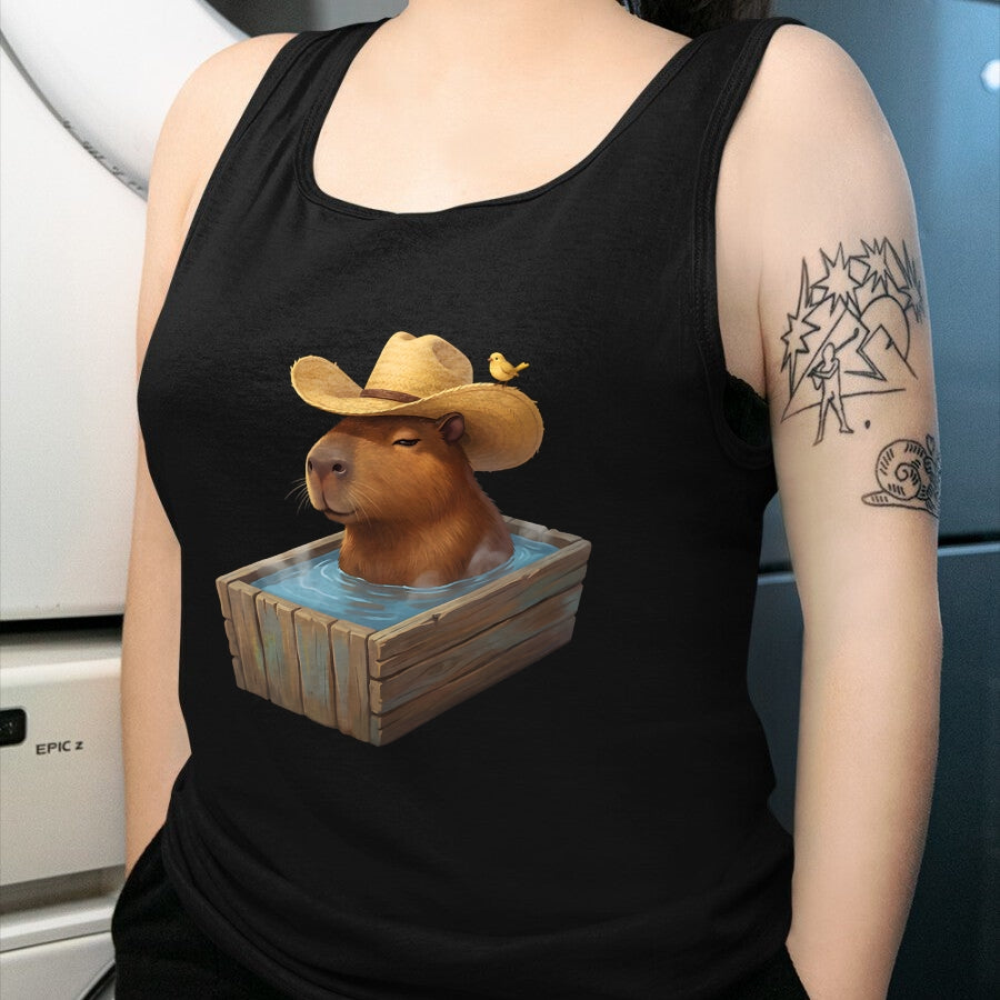 Cute Capybara Shirt, Funny Capybara Unisex T-Shirt/Hoodie/Sweatshirt HLT00 - Cute Capybara Wearing Cowboy Hat in Bathtub Funny Western T-Shirt