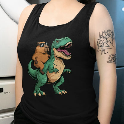 Cute Capybara Shirt, Funny Capybara Unisex T-Shirt/Hoodie/Sweatshirt HLT00 - Capybara Riding T-Rex T-Shirt