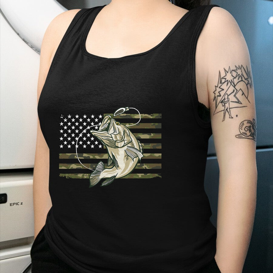 Funny Fishing Shirt, Gift For Fishing Lover Unisex T-Shirt/Hoodie/Sweatshirt HLT00 - Fishing Camouflage US American Flag Bass Fish Fisherman Camo T-Shirt