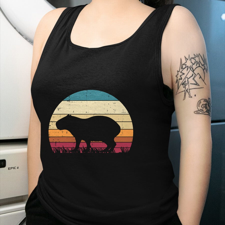 Cute Capybara Shirt, Funny Capybara Unisex T-Shirt/Hoodie/Sweatshirt HLT00 - Capybara Silhouette Sunset Retro Capy Rodent Men Women Kids T-Shirt