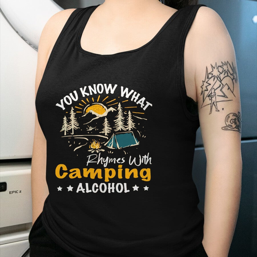 Funny Camping Shirt, Gift For Camping Lover Unisex T-Shirt/Hoodie/Sweatshirt HLT00 - You Know What Rhymes with Camping Alcohol Hiking Adventure T-Shirt, Men, Black, Medium