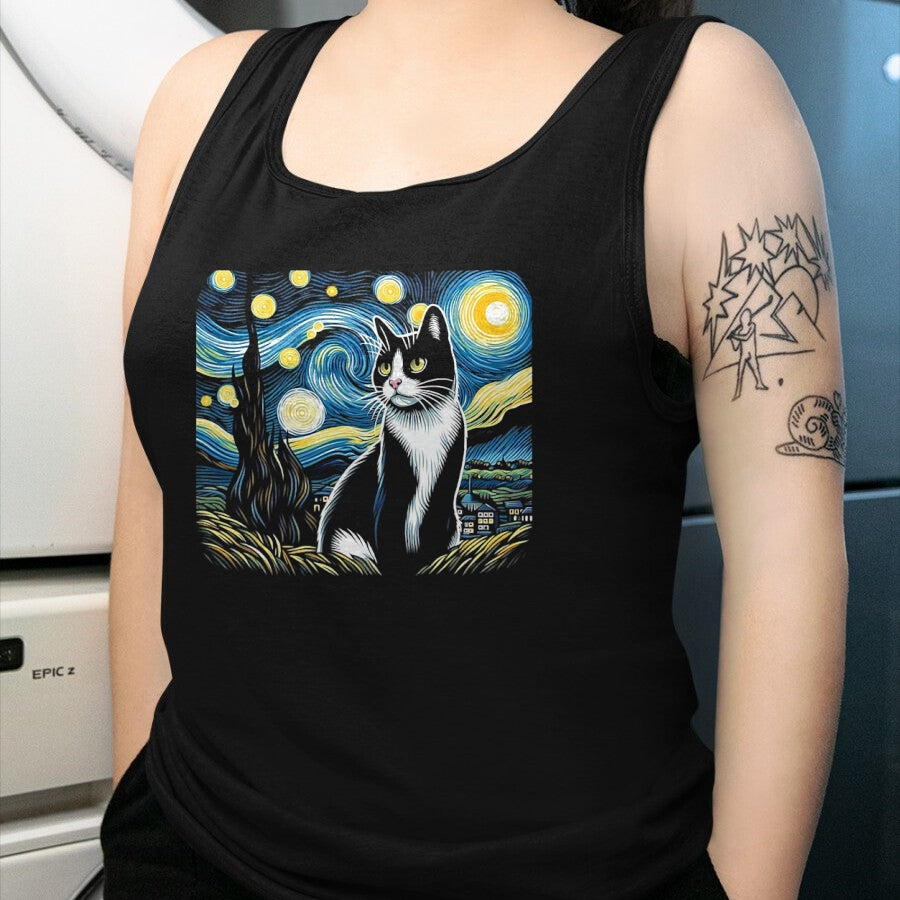 Cat Love Shirt, Funny Cat Lover Gift UnisexT-Shirt/Hoodie/Sweatshirt HLT00 - Tuxedo Cat Starry Night Painting Tuxedo Cat Owner T-Shirt, Men, Black, 3X-Large