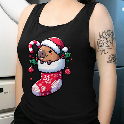 Cute Capybara Shirt, Funny Capybara Unisex T-Shirt/Hoodie/Sweatshirt HLT00 - Cute Capybara Wearing Santa Hat in Christmas Stocking Pajama T-Shirt