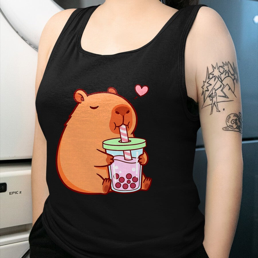Cute Capybara Shirt, Funny Capybara Unisex T-Shirt/Hoodie/Sweatshirt HLT00 - Cute Capybara Kawaii Anime Girls Drinking Boba Tea Lover T-Shirt