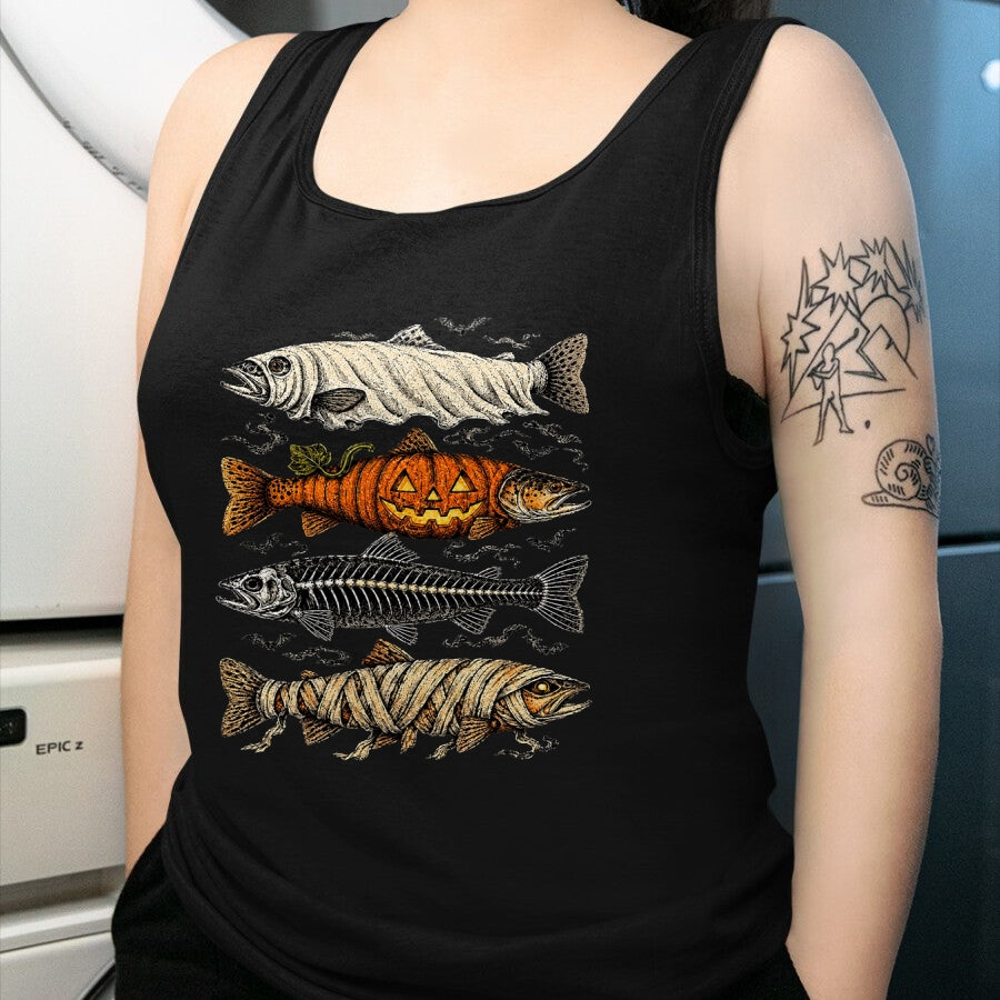 Funny Fishing Shirt, Gift For Fishing Lover Unisex T-Shirt/Hoodie/Sweatshirt HLT00 - Halloween Trout Fish Ghost Pumpkin Skeleton Mummy T-Shirt