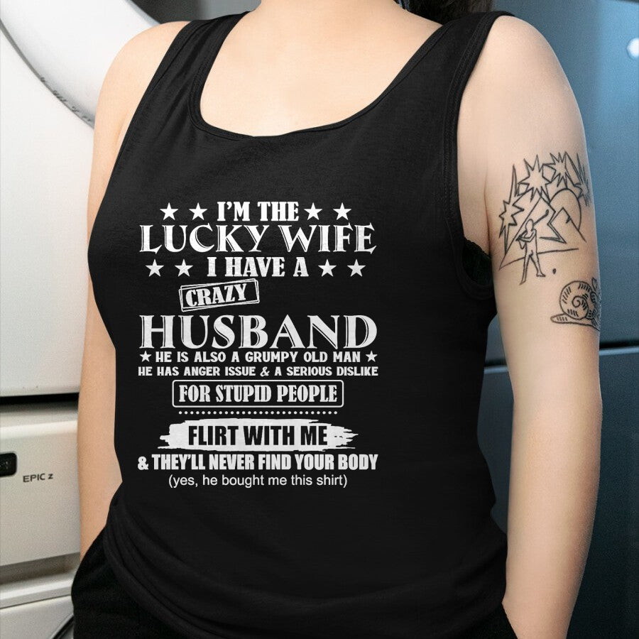 Best Wife Shirt, Wife and Husband Unisex T-Shirt/Hoodie/Sweatshirt HLT00 - Gift for wife T shirt, lucky wife   I'm The Lucky Wife I Have A Crazy Husband Premium T-Shirt (1)