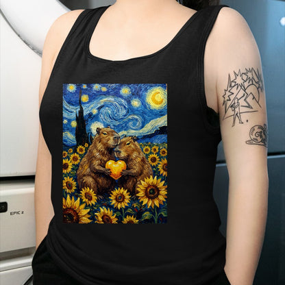 Cute Capybara Shirt, Funny Capybara Unisex T-Shirt/Hoodie/Sweatshirt HLT00 - Capybara Starry Night with Heart and Sunflowers Long Sleeve T-Shirt