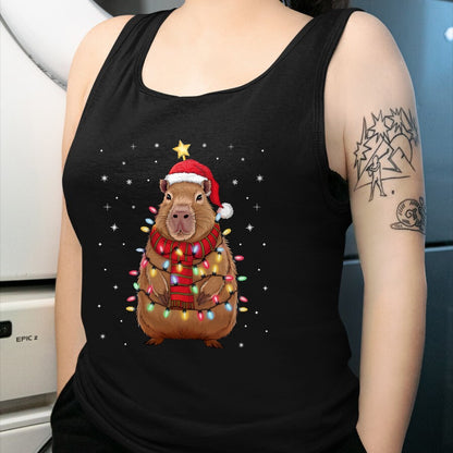 Cute Capybara Shirt, Funny Capybara Unisex T-Shirt/Hoodie/Sweatshirt HLT00 - Christmas Capybara with Santa Hat Xmas Lights Tree T-Shirt