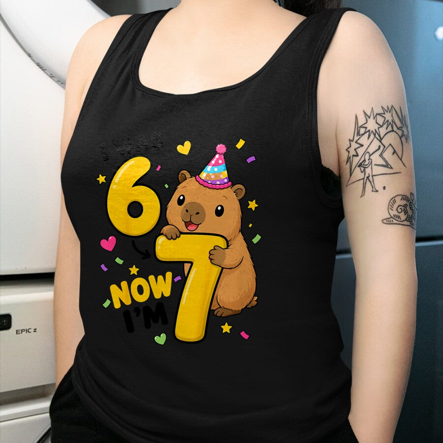 Cute Capybara Shirt, Funny Capybara Unisex T-Shirt/Hoodie/Sweatshirt HLT00 - I was 6 Now Im 7 Capybara 7th Birthday Party Cute 67 T-Shirt