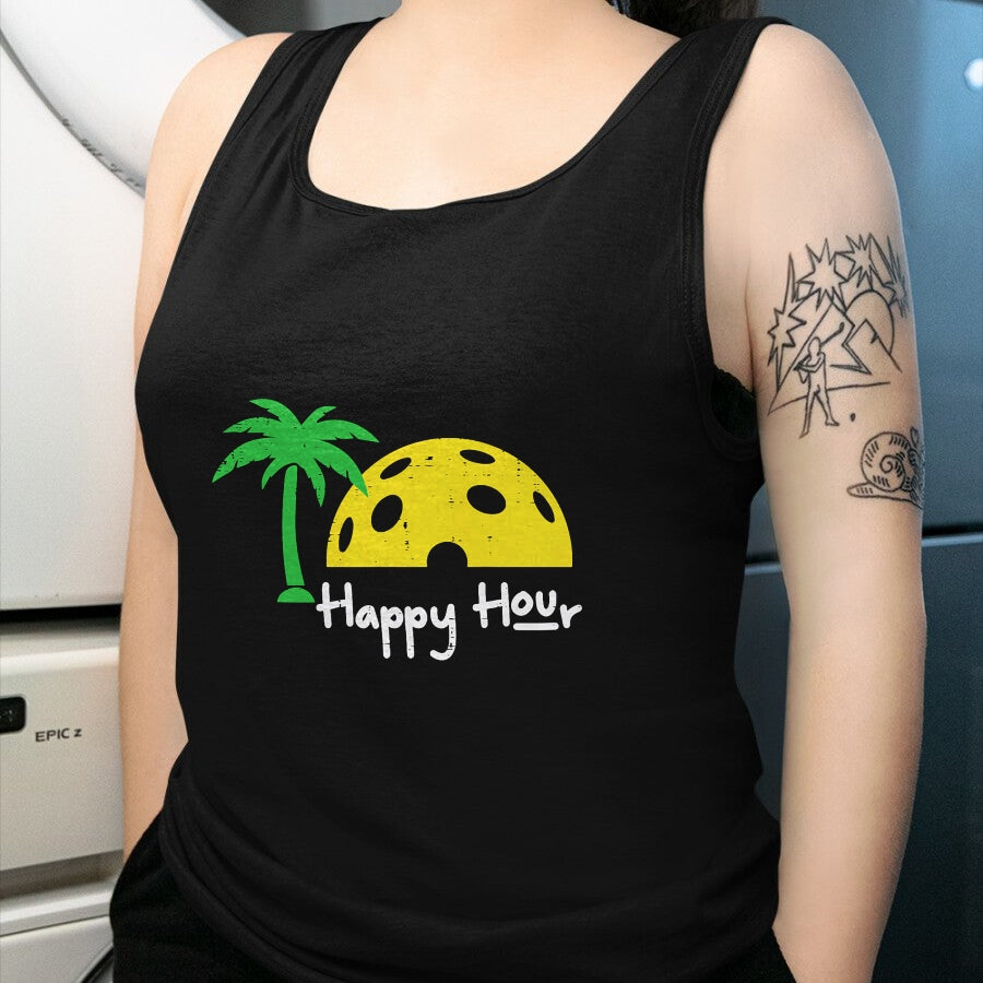 Funny Pickleball Shirt, Pickleball Lover Unisex T-Shirt/Hoodie/Sweatshirt HLT00 - Pickle Ball Happy Hour Palm Tree Pickleball Men Women Kids T-Shirt