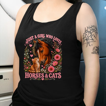 Cat Love Shirt, Funny Cat Lover Gift UnisexT-Shirt/Hoodie/Sweatshirt HLT00 - Just a Girl Who Loves Horses and Cats Floral Animal Lover T-Shirt