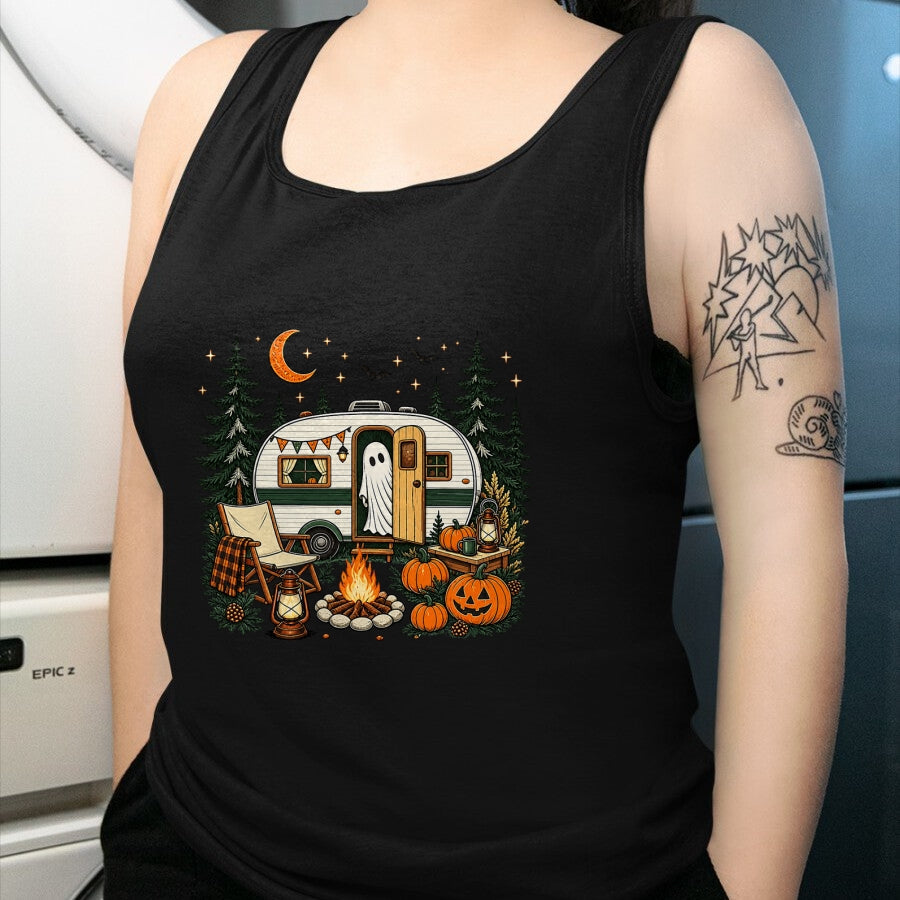 Funny Camping Shirt, Gift For Camping Lover Unisex T-Shirt/Hoodie/Sweatshirt HLT00 - Halloween Ghost Fall RV Camping Autumn Moon Night Funny T-Shirt