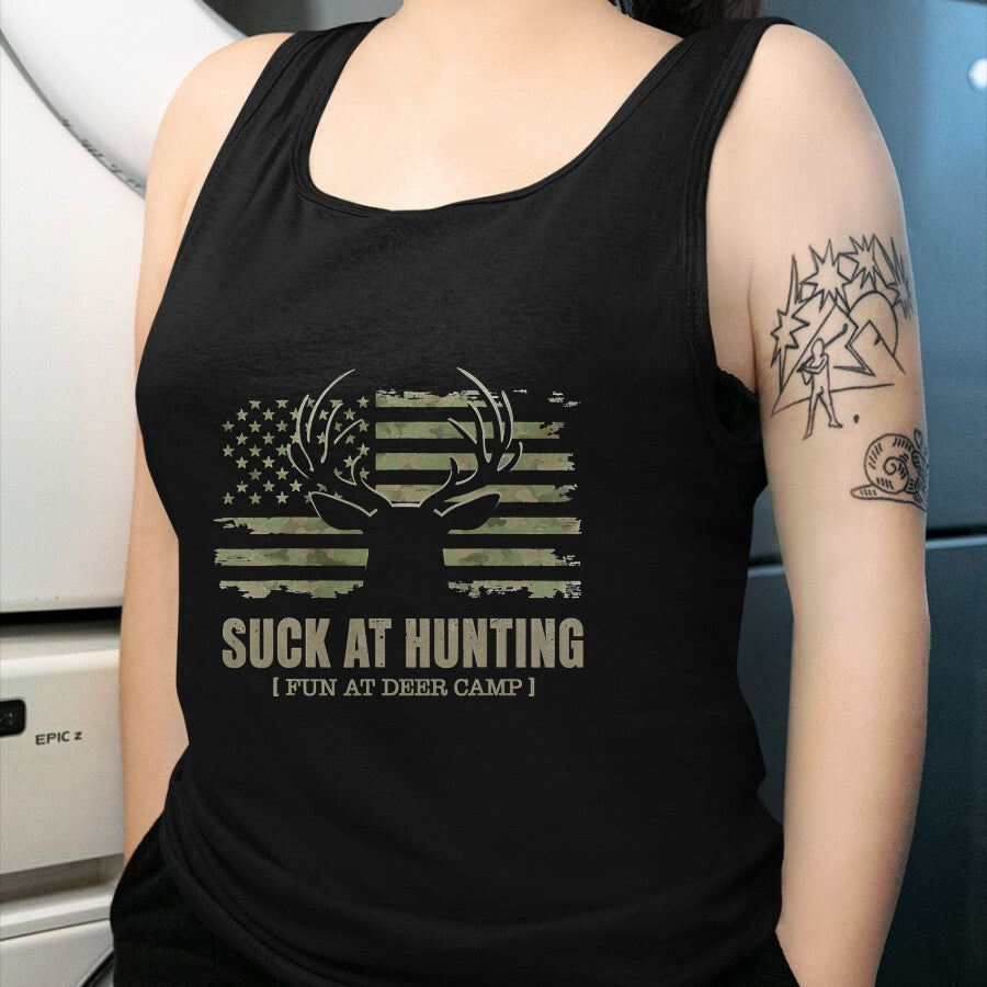 Funny Camping Shirt, Gift For Camping Lover Unisex T-Shirt/Hoodie/Sweatshirt HLT00 - Suck At Hunting Fun At Deer Camp Funny Man Hunter Camping T-Shirt