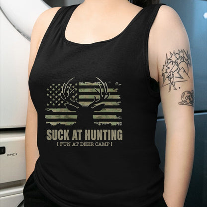 Funny Camping Shirt, Gift For Camping Lover Unisex T-Shirt/Hoodie/Sweatshirt HLT00 - Suck At Hunting Fun At Deer Camp Funny Man Hunter Camping T-Shirt