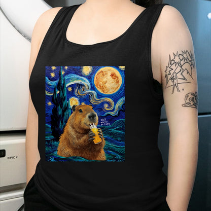 Cute Capybara Shirt, Funny Capybara Unisex T-Shirt/Hoodie/Sweatshirt HLT00 - Capybara in Van Gogh Starry Night Don_t Worry Be Capy Cappy T-Shirt