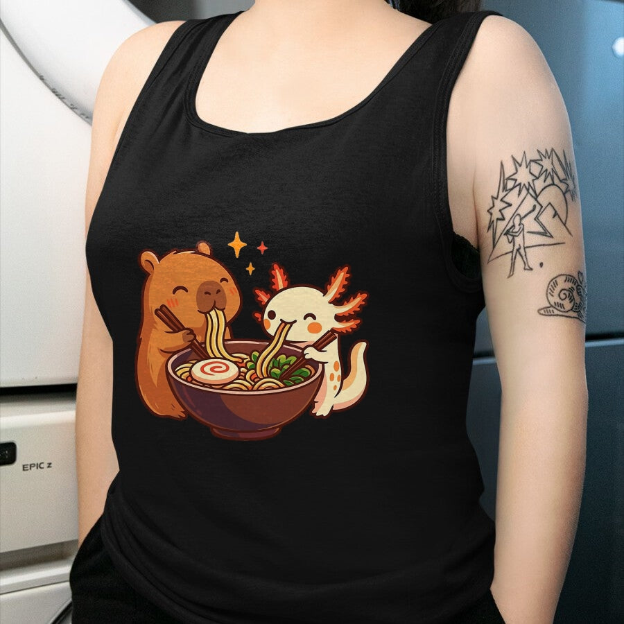Cute Capybara Shirt, Funny Capybara Unisex T-Shirt/Hoodie/Sweatshirt HLT00 - Capybara with Axolotl Eats Noodles Ramen Kawaii T-Shirt, Men, Black, 3X-Large