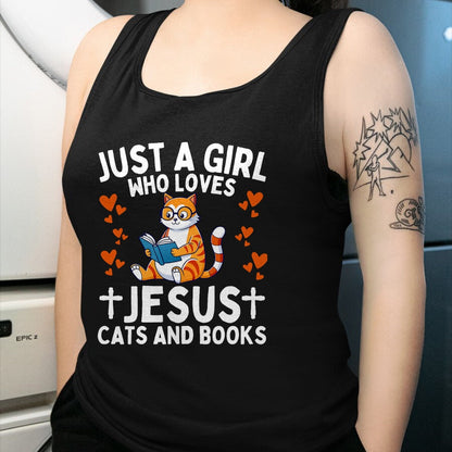 Cat Love Shirt, Funny Cat Lover Gift UnisexT-Shirt/Hoodie/Sweatshirt HLT00 - Just A Girl Who Loves Jesus Cats and Books Christian T-Shirt (1)