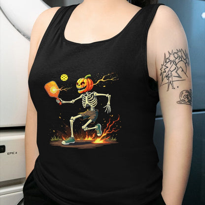 Funny Pickleball Shirt, Pickleball Lover Unisex T-Shirt/Hoodie/Sweatshirt HLT00 - Pumpkin Head Skeleton Pickleball Halloween Spooky Sports T-Shirt