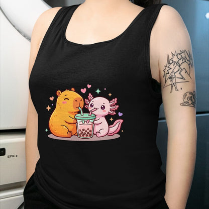 Cute Capybara Shirt, Funny Capybara Unisex T-Shirt/Hoodie/Sweatshirt HLT00 - Cute Capybara and Axolotl Bubble Tea Boba Girls Kawaii T-Shirt