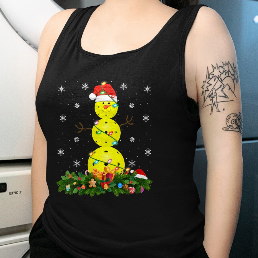 Funny Pickleball Shirt, Pickleball Lover Unisex T-Shirt/Hoodie/Sweatshirt HLT00 - Womens Pickleball Snowman Xmas Lighting Santa Pickleball Christmas V-Neck T-Shirt