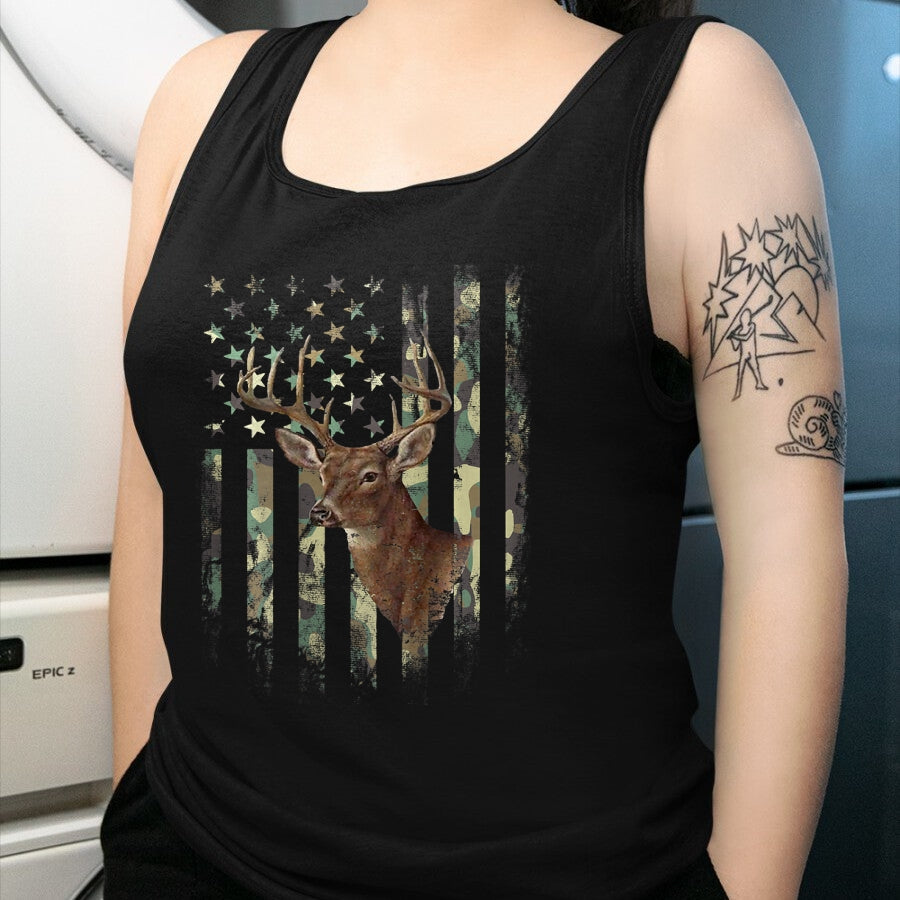 Funny Hunting Shirt, Gift For Hunting Lover Unisex T-Shirt/Hoodie/Sweatshirt HLT00 - American Flag Deer Hunting Camo T-Shirt