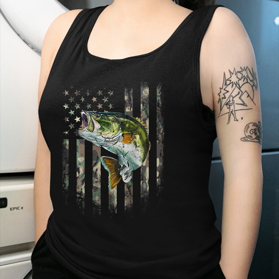 Funny Fishing Shirt, Gift For Fishing Lover Unisex T-Shirt/Hoodie/Sweatshirt HLT00 - American Flag Camo Bass Fish Fishing T-Shirt