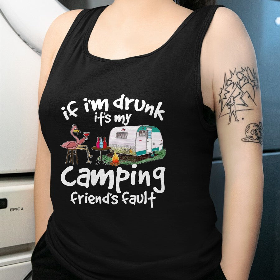 Funny Camping Shirt, Gift For Camping Lover Unisex T-Shirt/Hoodie/Sweatshirt HLT00 - If I_m Drunk It_s My Camping Friend_s Fault Funny Flamingo T-Shirt, Men, Black, 3X-Large