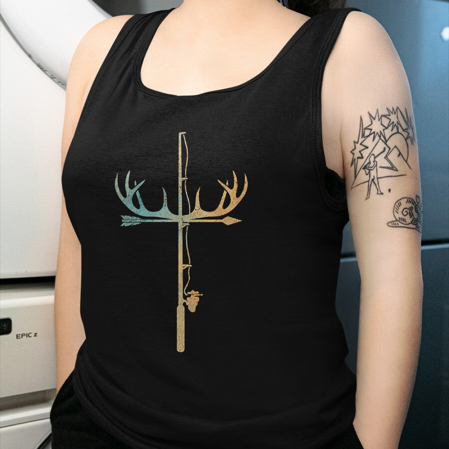 Funny Fishing Shirt, Gift For Fishing Lover Unisex T-Shirt/Hoodie/Sweatshirt HLT00 - Antler Fishing Rod Cross God Family Hunting Fishing T-Shirt