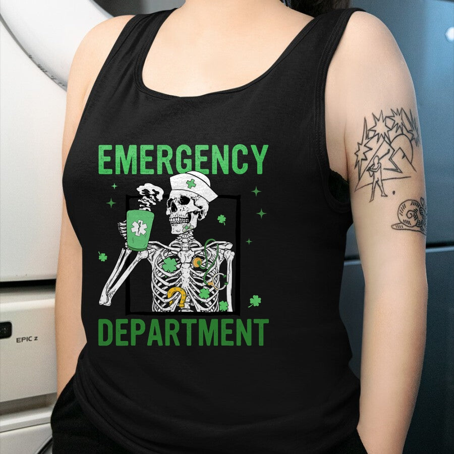 Patrick Day Shirts for Family, Funny Patrick Day shirts, st patrick's day Unisex T-Shirt/Hoodie/Sweatshirt HLT00 - Skeleton Emergency Department Coffee ER Nurse St Patrick Day T-Shirt (1)