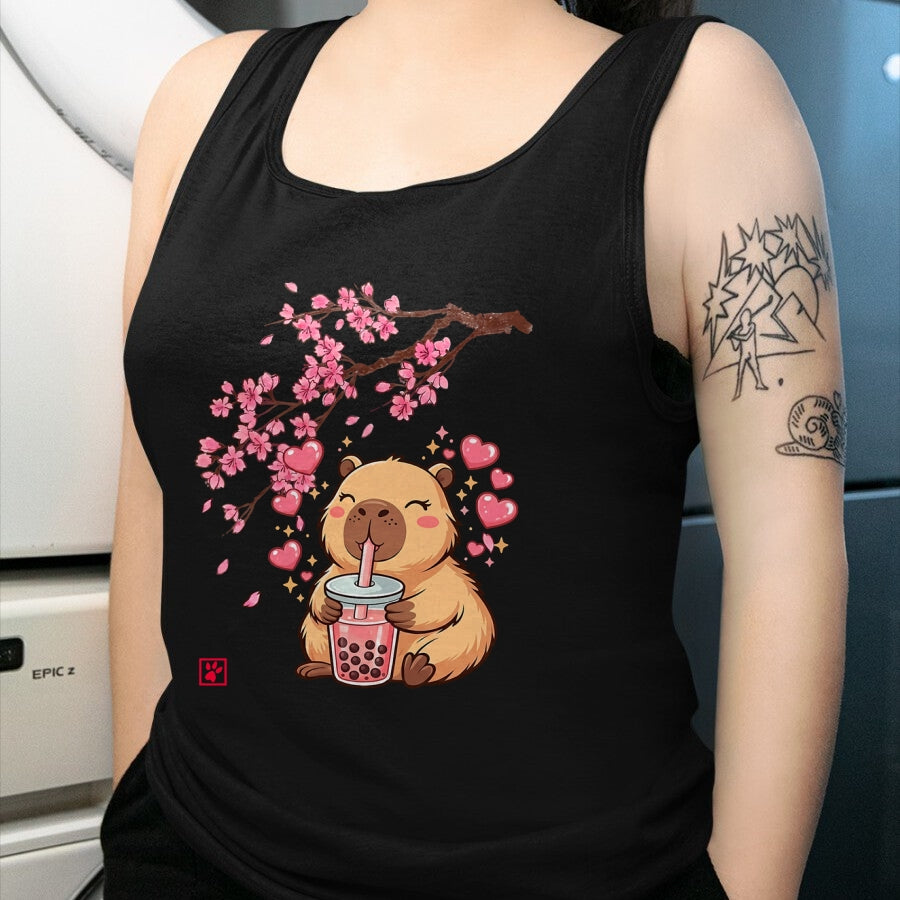 Cute Capybara Shirt, Funny Capybara Unisex T-Shirt/Hoodie/Sweatshirt HLT00 - Cute Capybara Kawaii Anime Drinking Bubble Tea Sakura Japan T-Shirt