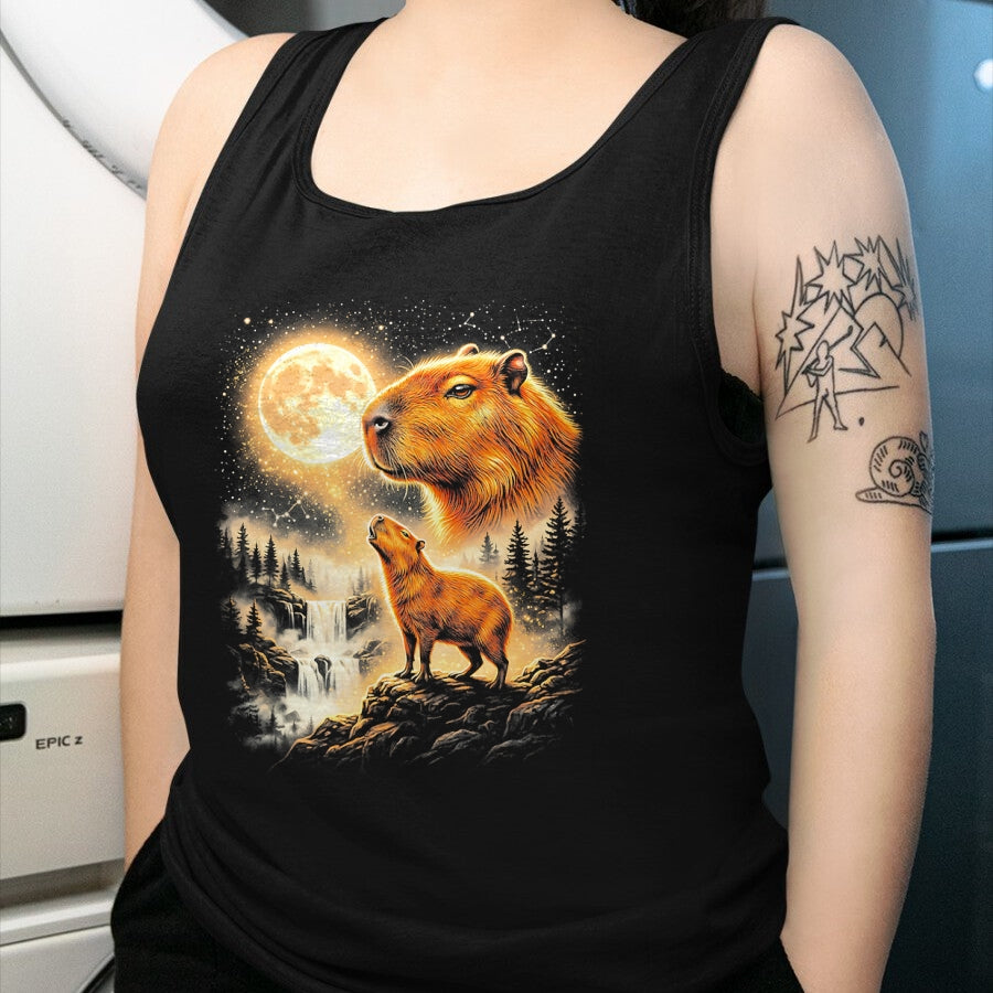 Cute Capybara Shirt, Funny Capybara Unisex T-Shirt/Hoodie/Sweatshirt HLT00 - Capybara Howling At The Moon Forest Waterfall Art T-Shirt