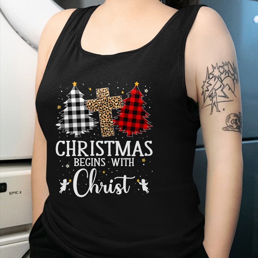 Christian Tee, Christian Faith Unisex T-Shirt/Hoodie/Sweatshirt HLT00 - Christmas Begins With Christ Jesus Cross Christian Christmas T-Shirt