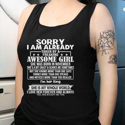 Best Wife Shirt, Wife and Husband Unisex T-Shirt/Hoodie/Sweatshirt HLT00 - Sorry I Am Already Taken By A Freaking Awesome Girl NOVEMBER T-Shirt
