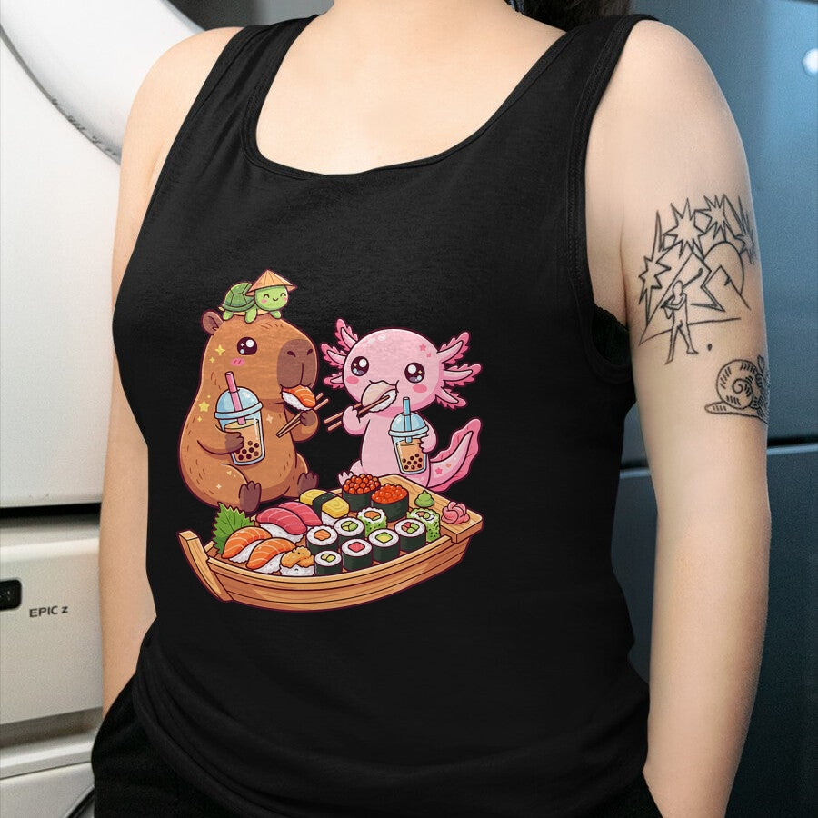 Cute Capybara Shirt, Funny Capybara Unisex T-Shirt/Hoodie/Sweatshirt HLT00 - Cute Capybara Axolotl Sushi Nigiri Bubble Tea Anime Food T-Shirt