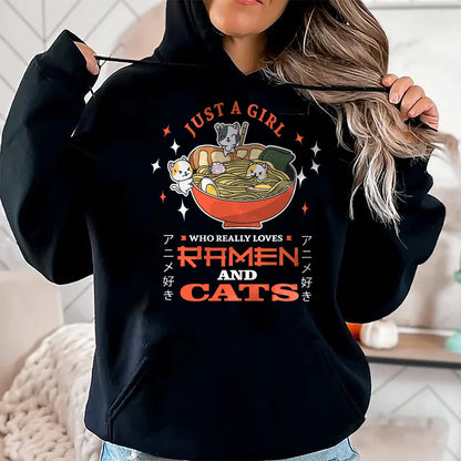 Cat Love Shirt, Funny Cat Lover Gift UnisexT-Shirt/Hoodie/Sweatshirt HLT00 - Just a girl who really loves Ramen and cats Design T-Shirt (1)