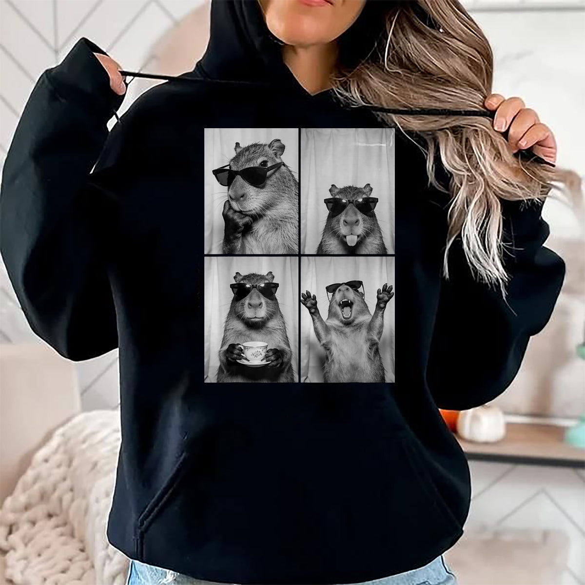 Cute Capybara Shirt, Funny Capybara Unisex T-Shirt/Hoodie/Sweatshirt HLT00 - Funny Capybara Photobooth, Capybara with Sunglasses, Rodent T-Shirt, Women, Black, X-Small