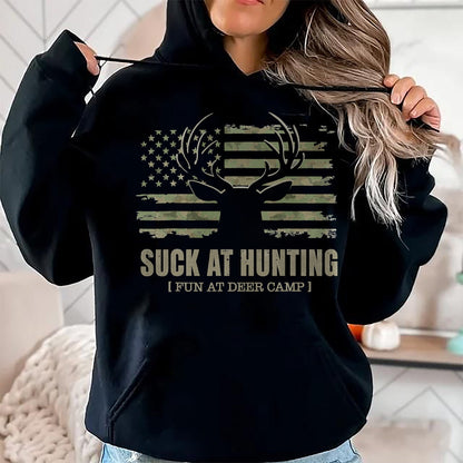 Funny Camping Shirt, Gift For Camping Lover Unisex T-Shirt/Hoodie/Sweatshirt HLT00 - Suck At Hunting Fun At Deer Camp Funny Man Hunter Camping T-Shirt