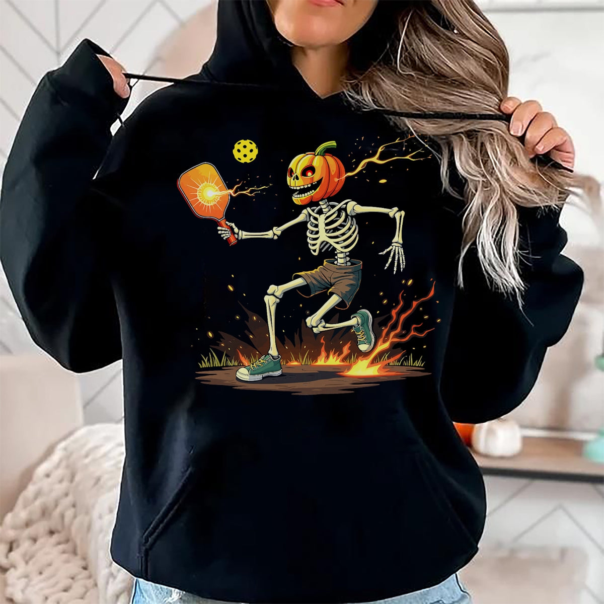 Funny Pickleball Shirt, Pickleball Lover Unisex T-Shirt/Hoodie/Sweatshirt HLT00 - Pumpkin Head Skeleton Pickleball Halloween Spooky Sports T-Shirt