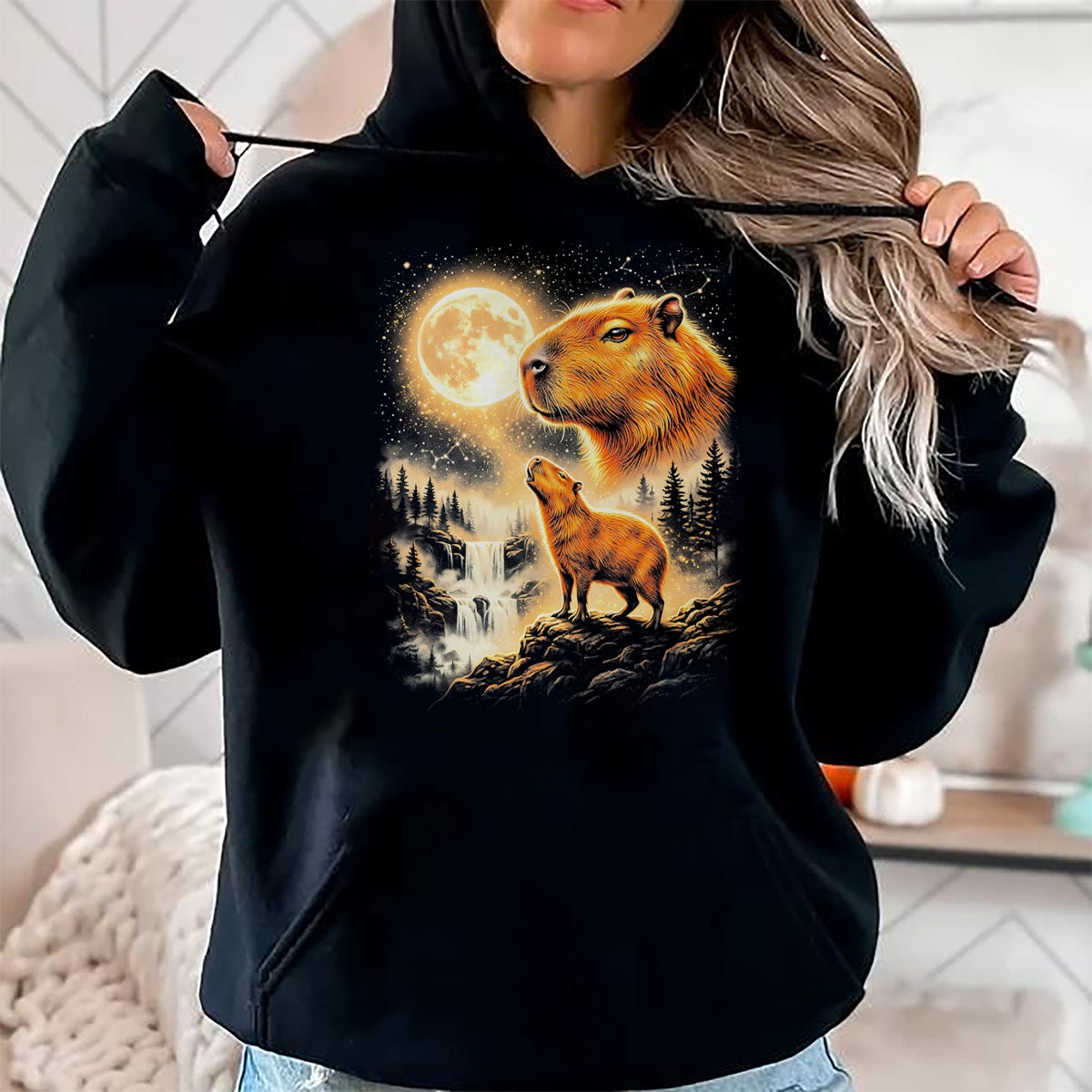Cute Capybara Shirt, Funny Capybara Unisex T-Shirt/Hoodie/Sweatshirt HLT00 - Capybara Howling At The Moon Forest Waterfall Art T-Shirt