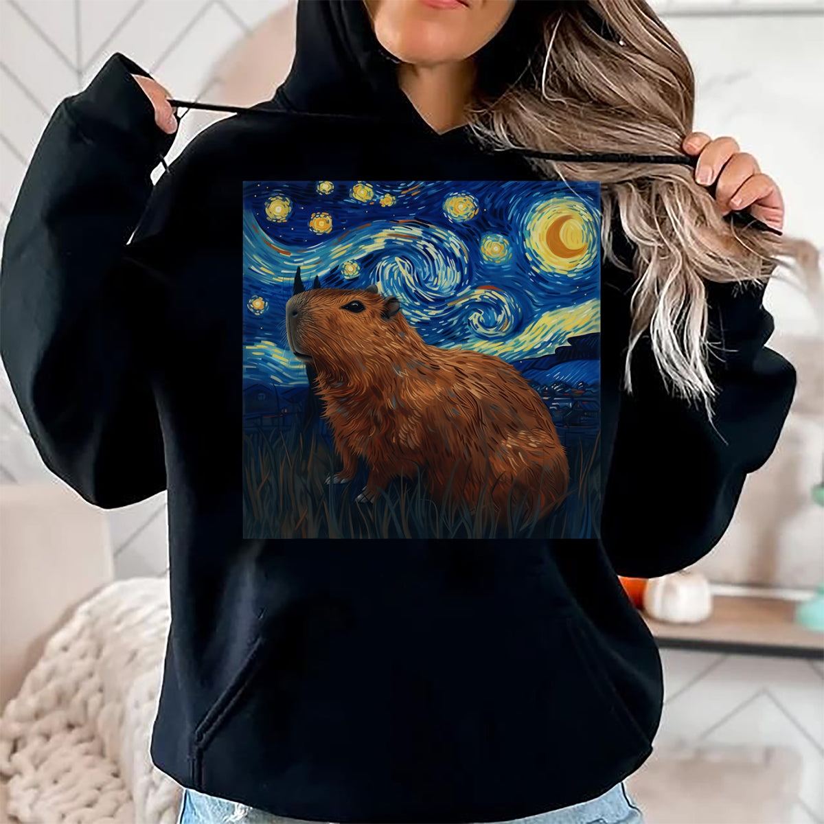 Cute Capybara Shirt, Funny Capybara Unisex T-Shirt/Hoodie/Sweatshirt HLT00 - Capybara Van Gogh Style Starry Night T-Shirt