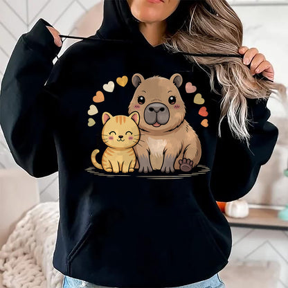 Cute Capybara Shirt, Funny Capybara Unisex T-Shirt/Hoodie/Sweatshirt HLT00 - Cute Cat and Capybara Friends Funny Pet Lovers Casual Wear T-Shirt