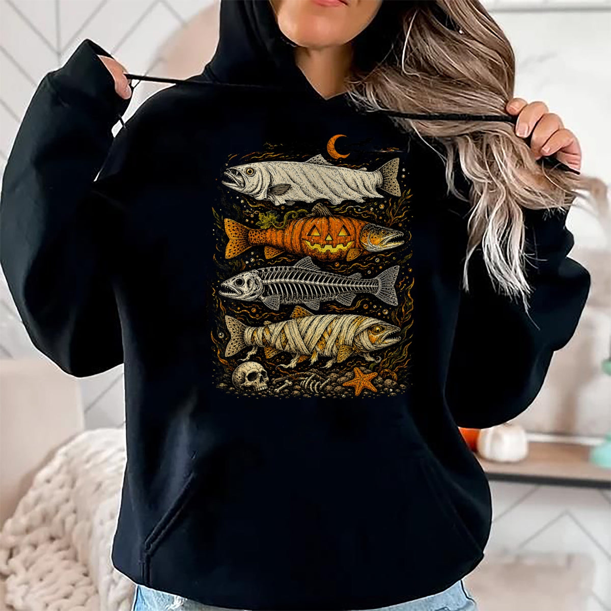Funny Fishing Shirt, Gift For Fishing Lover Unisex T-Shirt/Hoodie/Sweatshirt HLT00 - Trout Fish Halloween Fishing Fisherman Spooky Season T-Shirt