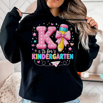 Best Student Shirt, Funny Back To School UnisexT-Shirt/Hoodie/Sweatshirt HLT00 - K is for Kindergarten Teacher Coquette Bow Back to School T-Shirt